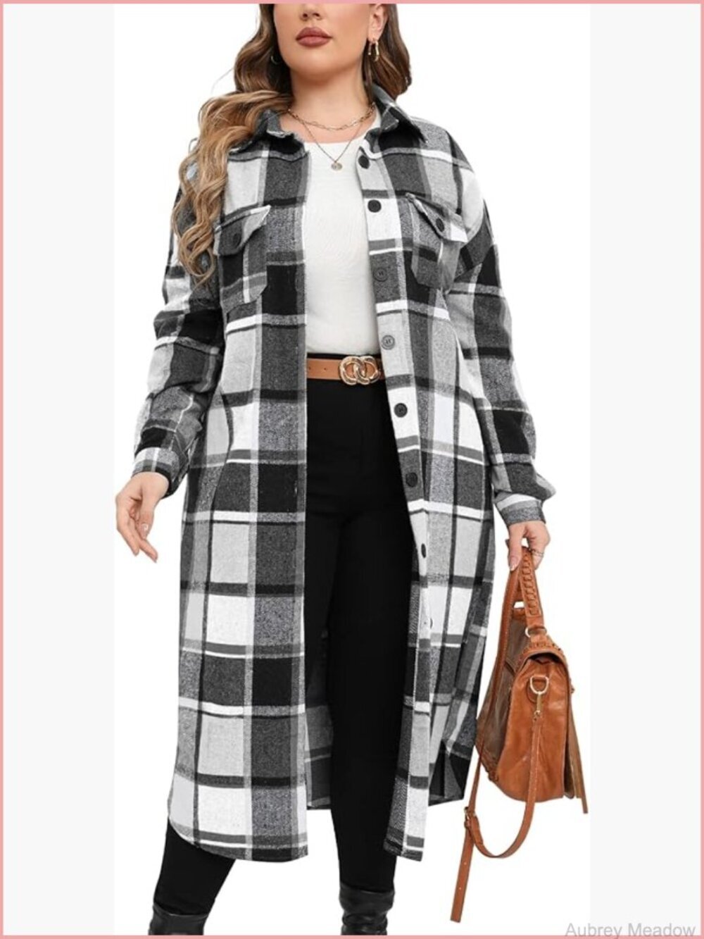 Plus Size Long Flannel Shacket Jacket Button Down Coat with Pockets